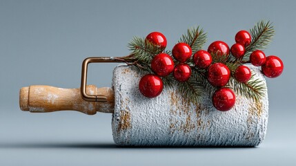 Creative paint roller with red and blue paint, decorated with pine branches and red berries on a simple blue background, ideal for holiday-themed projects or artistic designs