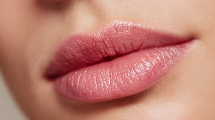 Fototapeta premium Close-up of natural glossy lips with soft pink hue, emphasizing hydration, beauty, sensuality, and elegant femininity