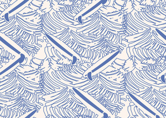 Surfboard With Waves Pattern Design. Seamless Pattern design. big waves on the sea. tropical summer print design. line  art drawing. fabric background.