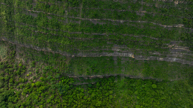 Aerial view of a steep, lush green terraced landscape covered in dense vegetation. Barichara, Colombia