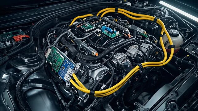 High-tech car engine with electrical components and sleek design for automotive enthusiasts