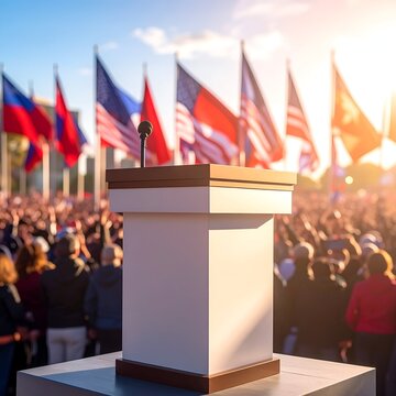 Podium stands before a cheering crowd; flags wave in bright sunlight