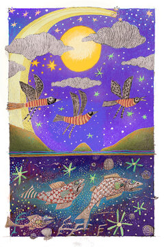 Whimsical art, illustration of birds flying over a starry night sky and fish swimming below.