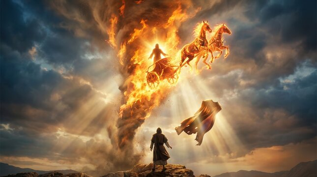 Dramatic Biblical Scene of Elijah Ascending to Heaven in a Fiery Chariot with Horses.