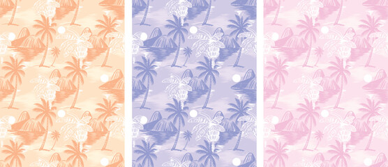 Seamless Pattern set. Tropical Summer Pattern Design. Banana Print. Rio mountain With Sea Seamless pattern Design. Botanical Retro Print design. Shirt print design. summer vibes Palm Tree Pattern.