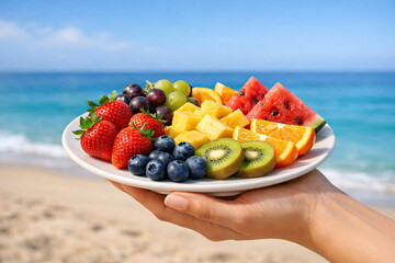A hand holds a plate full of delicious and healthy fruit against the backdrop of the blue sea. A true vitamin bomb., high resolution details