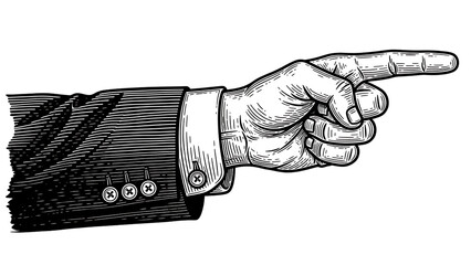 A hand in a suit sleeve pointing to the right on transparent background high quality professional detailed modern elegant