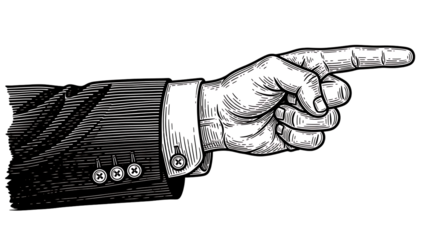 A hand in a suit sleeve pointing to the right on transparent background high quality professional detailed modern elegant