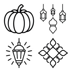 Fototapeta premium Minimalist Monochrome Line Art Icon Set Featuring Large Pumpkin, Traditional Hanging Lanterns, Radiant Festival Lamp, and Geometric Floral Pattern Collage