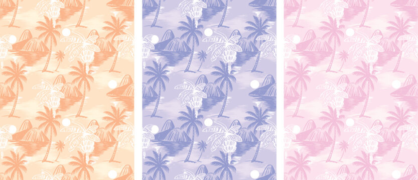 Seamless Pattern set. Tropical Summer Pattern Design. Banana Print. Rio mountain With Sea Seamless pattern Design. Botanical Retro Print design. Shirt print design. summer vibes Palm Tree Pattern.