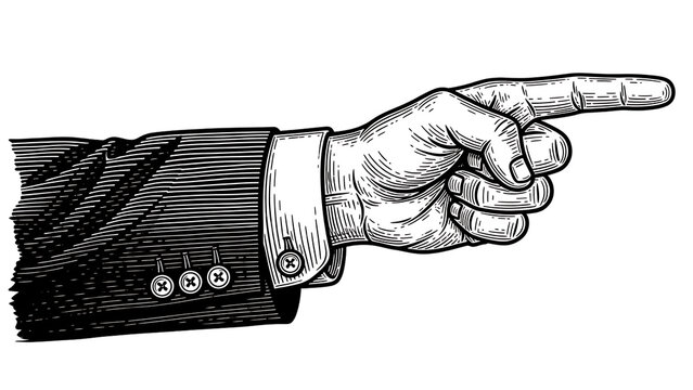 A hand in a suit sleeve pointing to the right on transparent background high quality professional detailed modern elegant