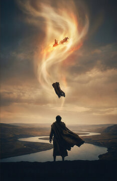 Elisha Gazing at a Swirling Sky with Flying Elijah Above a Winding River at Sunset.