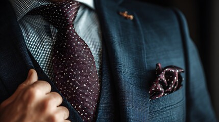 Man adjusting burgundy tie on navy suit with pocket square, close-up detail highlighting elegance, style, and professionalism