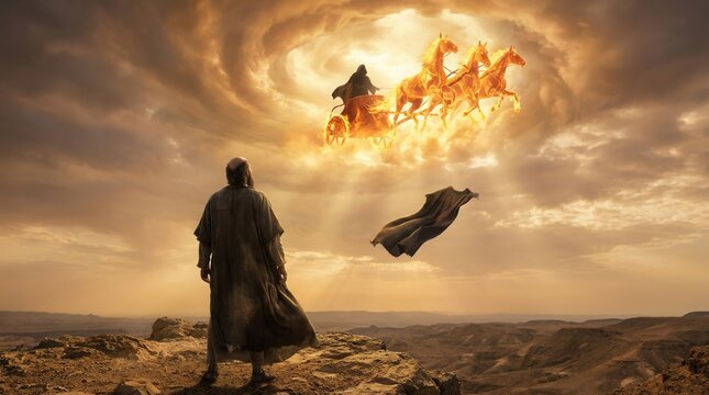 Prophet Elijah Ascends to Heaven in a Fiery Chariot, Witnessed by Elisha.