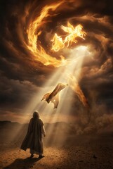 Mystical Figure Gazing at Fiery Angels and Heavenly Light in a Dramatic Sky.