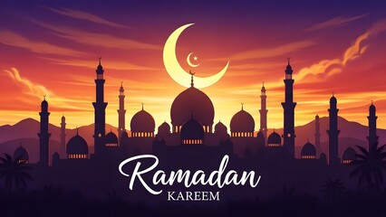 Ramadan kareem greeting card with mosque silhouette at sunset with crescent moon
