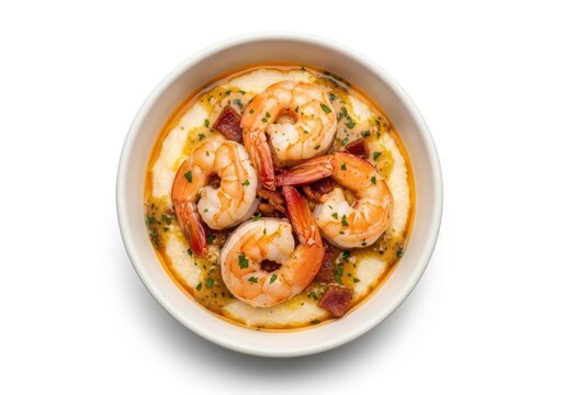 Delicious shrimp and grits served in a white bowl overhead view isolated on white background