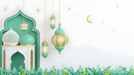 A beautiful illustration of a green and gold mosque with hanging lanterns and a crescent moon