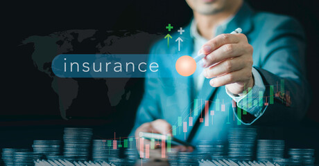 Businessman planning global insurance and financial investment with coin stacks and growth charts. Professional concept for wealth protection, money savings, and global market economic stability.