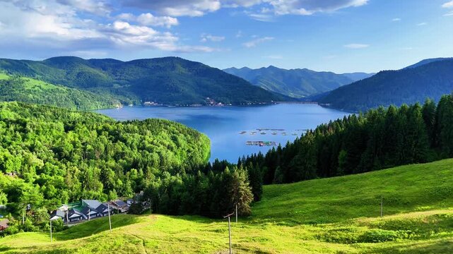 Aerial drone video of Bicaz Lake (Izvorul Muntelui), Neamt County, Romania