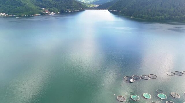 Aerial drone video of Bicaz Lake (Izvorul Muntelui), Neamt County, Romania