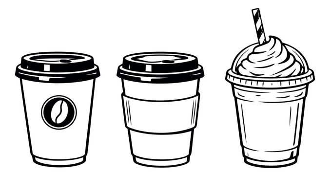 Hand drawn line art coffee cups set featuring a take away cup with a coffee bean logo, a sleeved cup, and a cold frappe cup with whipped cream for cafe menus and beverage branding