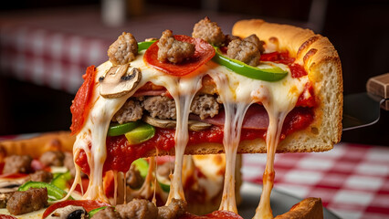 Delicious deep dish pizza slice with melted cheese pepperoni sausage and vegetables perfect for food blogs and restaurant menus