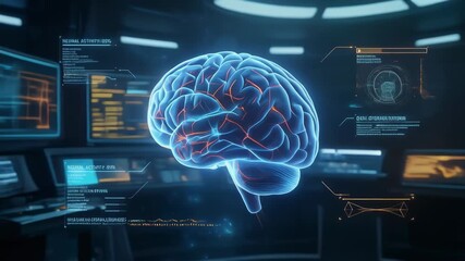 Futuristic glowing brain visualization with neural activity and data stream indicators for technology concepts - Powered by Adobe