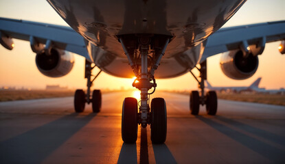 Airplane landing gear touches down on airport runway