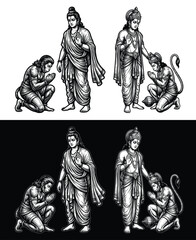 Fototapeta premium Lord Hanuman kneeling in devotion before Lord Rama, depicting the sacred bond of bhakti and loyalty