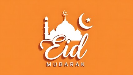 Eid mubarak greeting card with white mosque and crescent moon on orange background with festive design elements and text