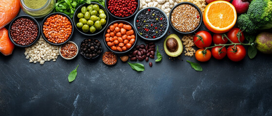 A rich collection of fresh vegetables, fruits, grains and spices on a dark table embodies the idea of healthy eating and the diversity of nature's gifts,  