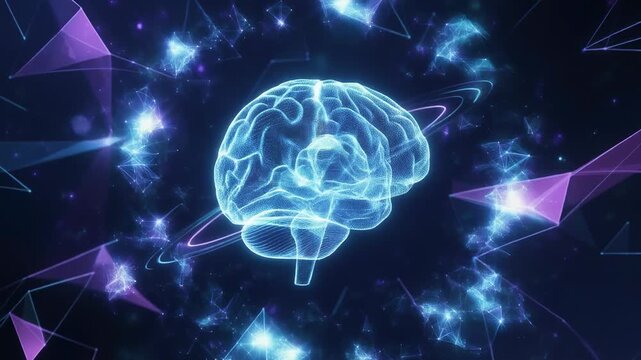 Futuristic digital brain illustration with glowing effects and cosmic elements for tech and science visuals