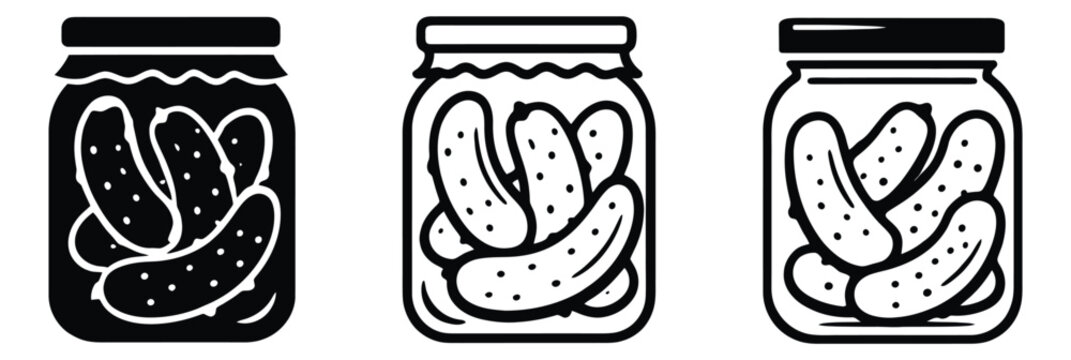 Hand drawn line art pickle icon set featuring pickled cucumbers in jars for food and grocery design