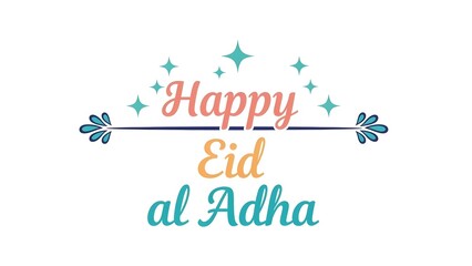 Happy eid al adha greeting card with colorful stars and sparkles on white background