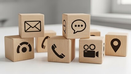 Set of Wooden Blocks with Communication and Media Icons on a White Surface