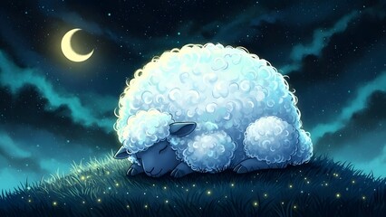 A serene illustration of a sheep sleeping under a starry night sky with a crescent moon shining brightly