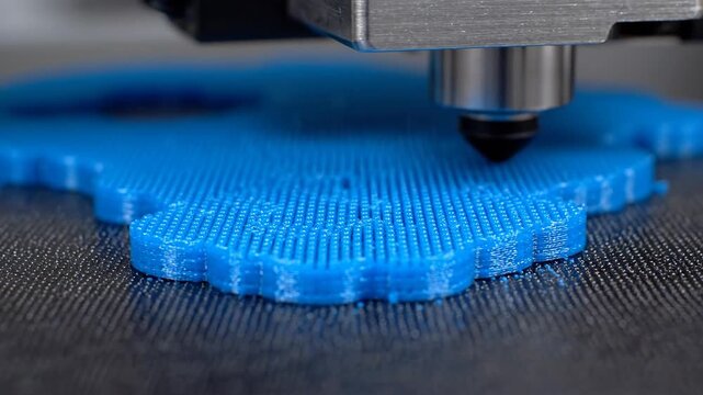 Close-up of 3D printer creating a blue object, a technology concept, precision manufacturing with advanced technology, futuristic industry, machine in process