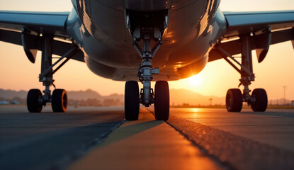 Airplane landing gear touches down on airport runway