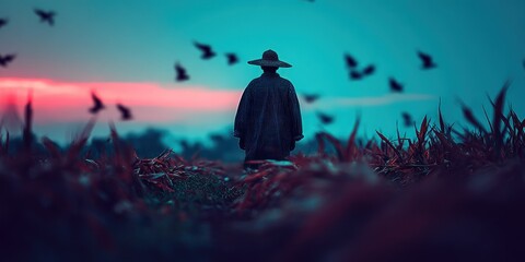A lone figure in a wide-brimmed hat, walking amidst red flora, under a dusk sky with birds