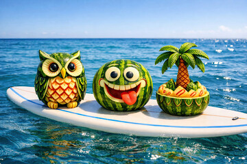Three intricately carved melons on a surfboard floating in the sea. Beach buffet.