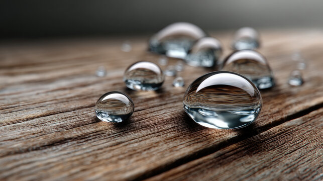 Water droplets on wooden table surface clear reflection close up natural texture moisture fresh macro photography calm atmosphere