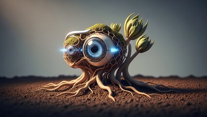 Surreal cybernetic plant with glowing blue eyes in desert