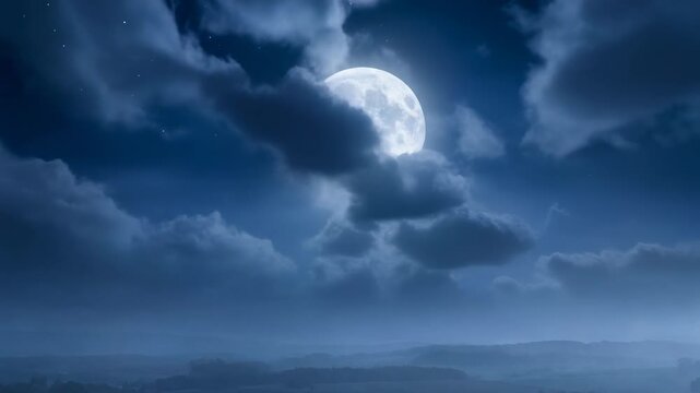 Stunning full moon illuminating a night sky filled with clouds and stars in a serene landscape