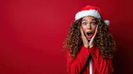An ecstatic girl wearing a plush Santa hat expressing surprise against a bright red festive background, capturing the joy of the holiday season and the excitement it brings.
