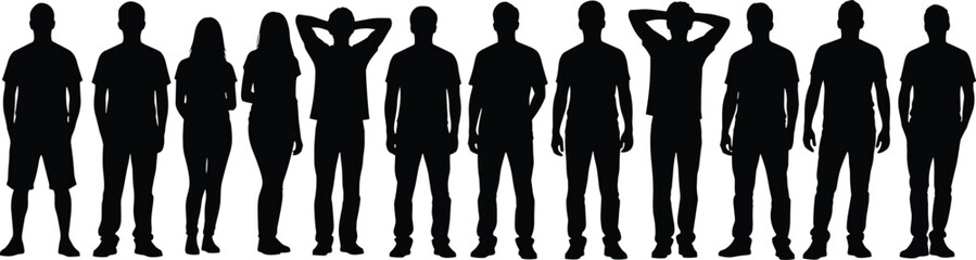 Diverse group of people silhouette collection of men and women standing in a row together for community teamwork friendship and social connection design projects.