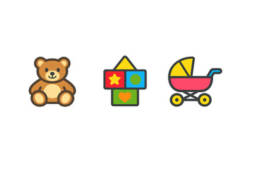 Obraz premium Baby toys: teddy bear, building blocks, and stroller icons
