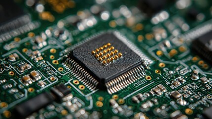 Close view of a microchip on a circuit board with glowing connections in a technology setting during the day