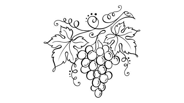 grapes bunch line art vector illustration, beautiful Georgian style shape of the grapes with the leafs on white background