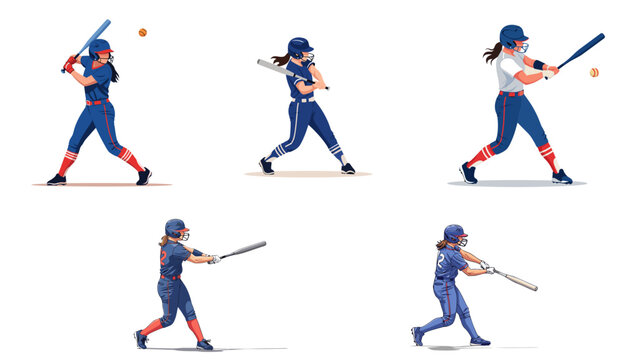 Female softball player swinging bat in various action poses, vector, set